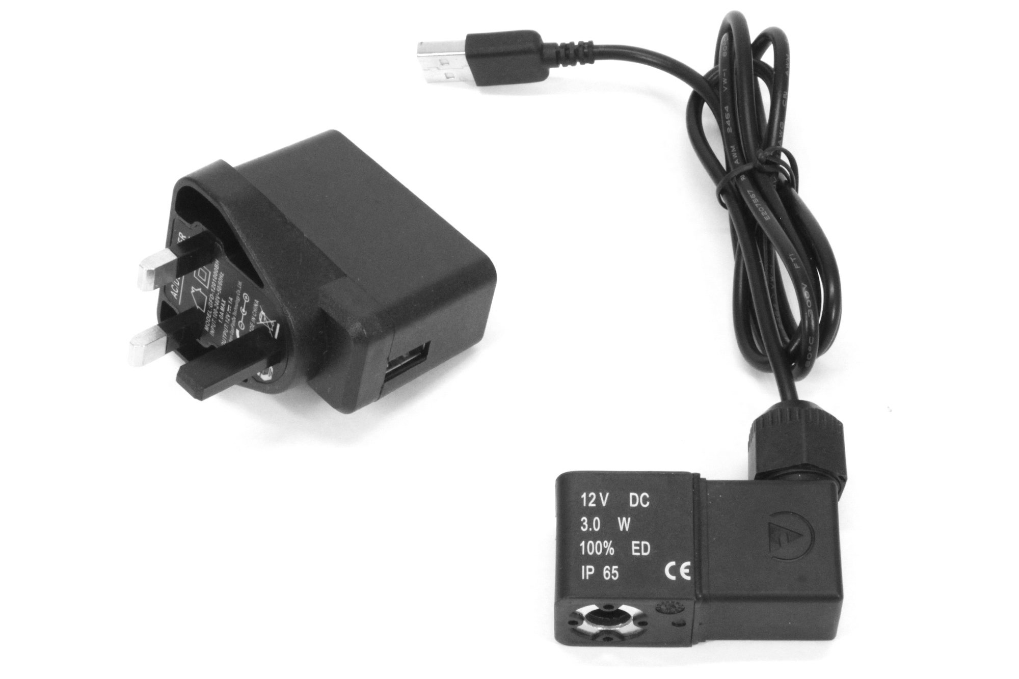 12v DC USB-solenoïdespoel en UK-transformator